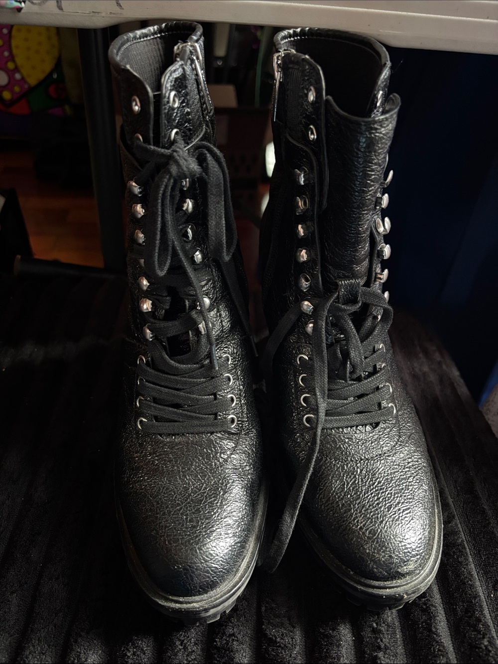 Vince Camuto Black Stud-Trim Lace-Up Combat Boots